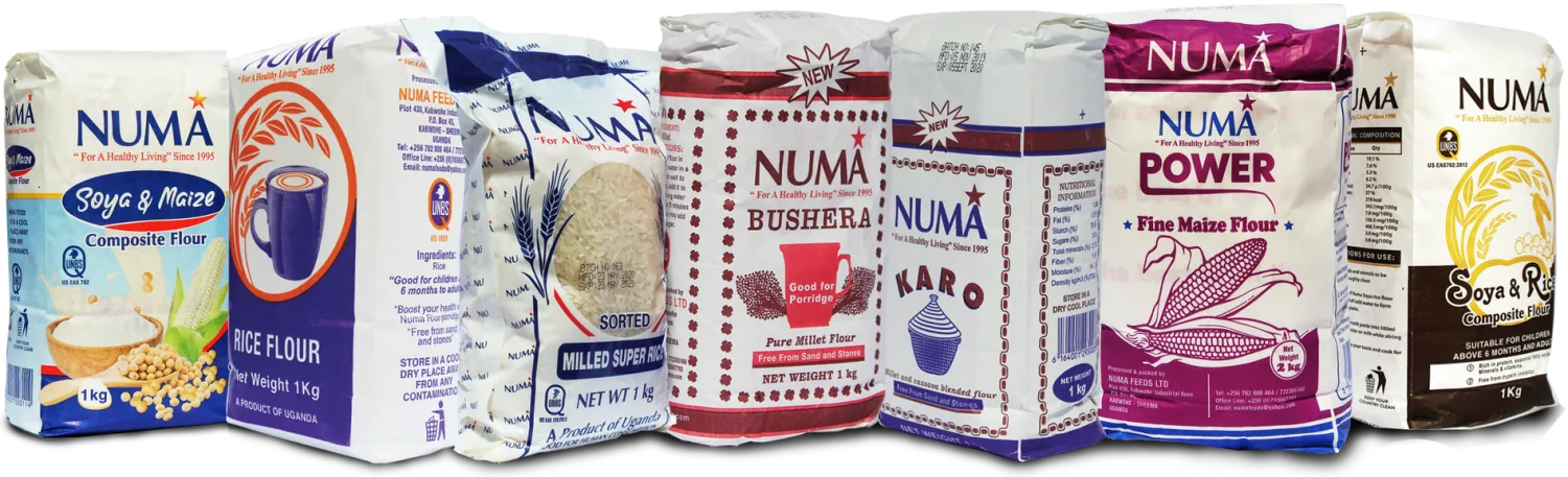 The NUMA product range: Soya Maize, Rice Flour, Super Rice, Bushera, Karo, Power Maize and Soya Rice